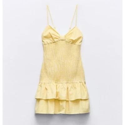 Zara новый желтый имбирь чек печать со сборками оборки вырез назад мини-платье размер L - Изображение 1 из 4