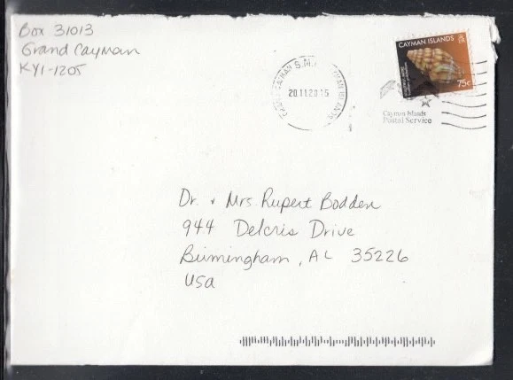 CAYMAN ISLANDS Commercial Cover George Town to Birmingham 20 Nov. 2015 cancel - Image 1 of 1