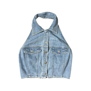 90s Vintage GAP Blue Denim Collared Neckholder Retro Pin Up Button Crop Top Vest - Bild 1 von 8
