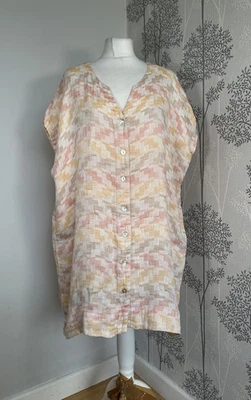 Saraha Size M/L Orange Abstract 100% Linen Woven Button Down Top Oversized Boxy - Image 1 of 4