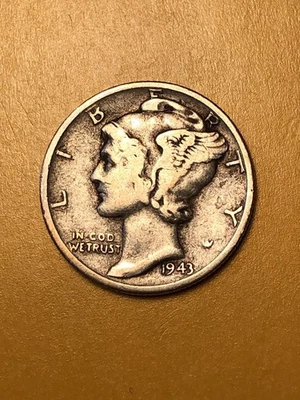 1943-P Mercury Silver Dime, VG Circ. Lot B-43325, Free shipping. - Image 1 of 2