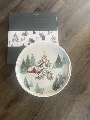 Pottery Barn Christmas in the Country Round Lacquer Serving Tray White - Image 1 of 4