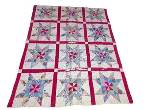 Vintage 30s - 40s Feedsack CARPENTER'S WHEEL Stars Hand Sewn Quilt 84”x65” Flaws - Picture 1 of 24