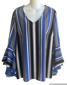 Coco Blanco Blue Multi Striped Blouse Top Bell Sleeves V-Neck Tunic Woman Large - Picture 1 of 4