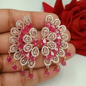 Solid 925 Sterling Silver Diamond Leaf Earring Drop/Dangle Wedding Earring Gift - Picture 1 of 6