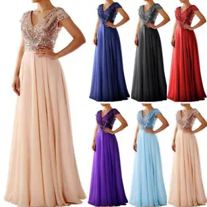 Neu Damen Abendkleider Glänzend Pailletten Partykleid V-Neck Chiffon Lang Kleid - Bild 1 von 15