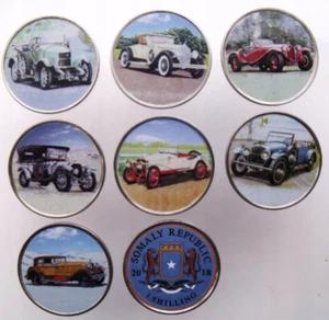 SOMALIA SET OF 7 DIFFERENT 1 SHILLING 2018 COINS OLD CLASSIC CARS - COLOR UNC - Picture 1 of 1