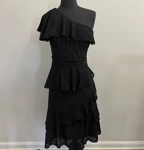 Gianni Bini Women's One Shoulder Black Lace Tiered Midi Dress Size Small Lined - Picture 1 of 9
