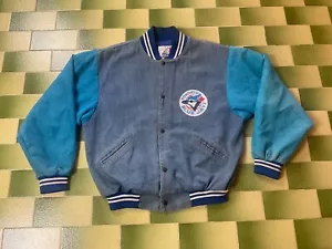 Vintage 90s MLB Toronto Blue Jays Denim Bomber Jacket Snap Button Size Large - Picture 1 of 10