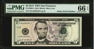 FR1996-L 2013 $5 Radar 43499434 Federal Reserve Note PMG 66 EPQ - Image 1 of 2