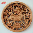 CHINESE HAND CARVED KYLIN STATUE CAMPHOR WOOD wooden ROUND PLATE WALL SCULPTURE