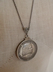 Antique 1893 Chicago Worlds Columbian Expo 90 % Silver Half Dollar Coin Necklace - Picture 1 of 8