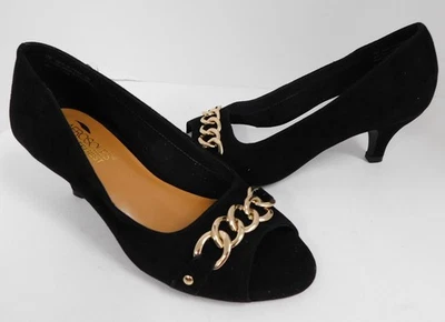 Novos aerossóis de couro camurça preta biqueira aberta sapatos corrente dourada acento 7 M - Imagem 1 de 4