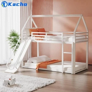 Kacho Metal House Bunk Bed with Slide, Twin Over Twin House Bunk Bed with Ladder - Picture 1 of 8