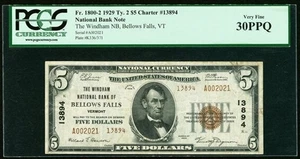 1929 $5 Bellow Falls, VT Ty. 2 The Windham National Bank EXTREMELY RARE - Picture 1 of 2