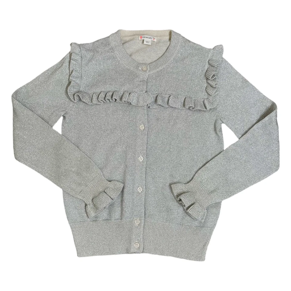 Crewcuts Silver Metallic Ruffle Cardigan Sweater Girls 8 Sparkle Holiday - Image 1 of 4