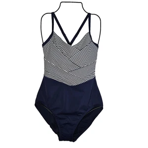 NUEVO CON ETIQUETAS LANDS END SLENDERSUIT Traje de baño plisado pierna baja de una pieza azul marino a rayas talla 12 - Imagen 1 de 14