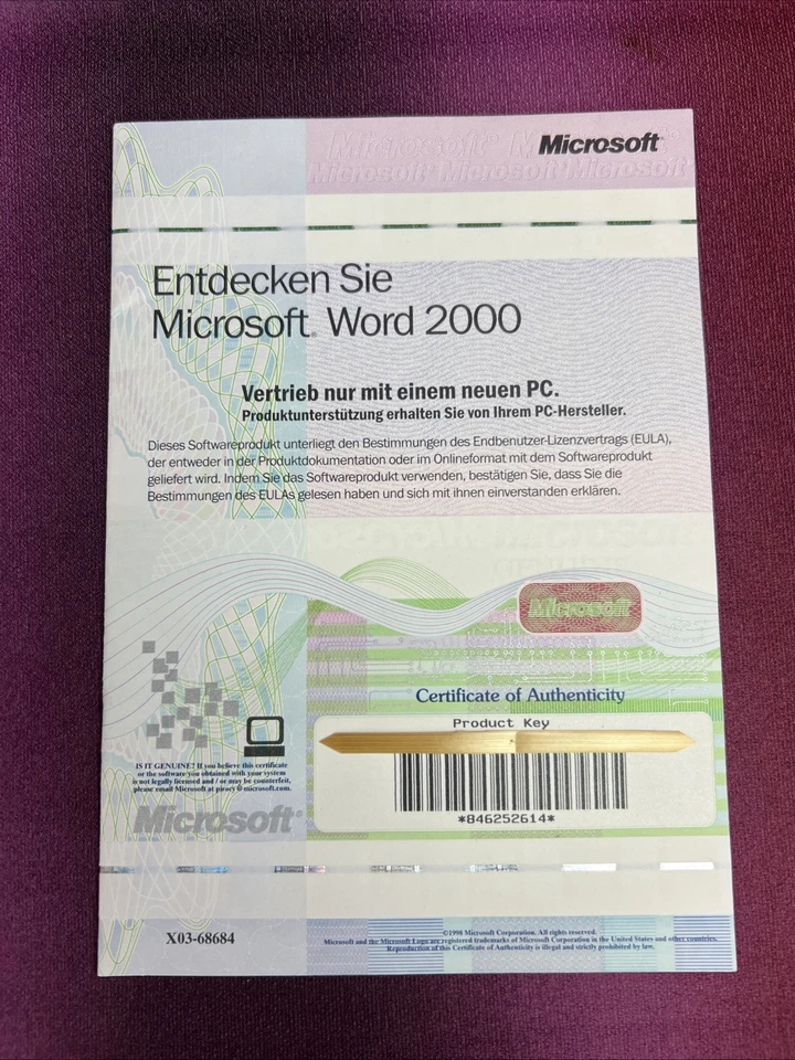 Microsoft Word 2000 deutsche Version Product Key Lizenznummer Handbuch X03-68684 - Bild 1 von 4