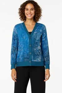 NWT Blue Burnout Velvet Abstract Knit Cardigan Sweater 1X Textured Button Front - Picture 1 of 12