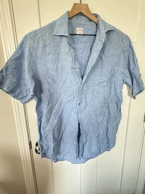 BROOKS BROTHERS 100% LINEN BUTTON SHIRT -Large- BLUE SHORT SLEEVE -REGULAR FIT - Image 1 of 4