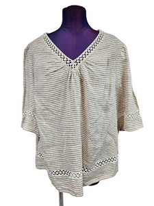 Chico's Linen Cream Tan Striped Crocheted Trim Bell Sleeve Blouse Size 3X A71 - Picture 1 of 8