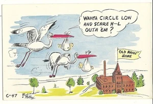 Störche Babys Streich alte Dienstmädchen Haus Künstler signiert Bob Petley Comic Postkarte C-47 - Bild 1 von 2
