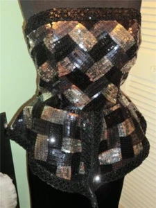 BILL BLASS  VTG 80's STRAPLESS BLACK VELVET COLORBLOCK SEQUINED PEPLUM  DRESS - Picture 1 of 12