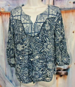 Lucky Brand Blouse Top Size S Blue Boho Festival V-Neck Womens Floral - Picture 1 of 5