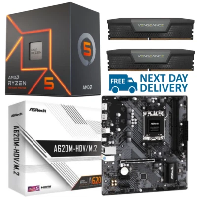 AMD Ryzen 5 7600 3.8GHz A620M 2TB M.2 64GB DDR5 Motherboard CPU RAM Bundle - Image 1 of 4