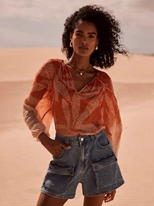 MINT VELVET Size L 14-16 Orange & Ivory Print Blouse BNWOT - Picture 1 of 8