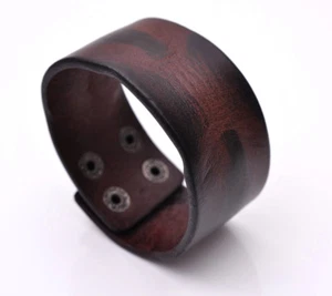 Retro Distressed Texture Mens Genuine Leather Bracelet Wide Cuff Wristband Brown - Picture 1 of 8