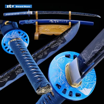 Espada samurai japonesa real de acero al carbono hoja azul katana hecha a mano afilada -Q7867 Foto 1 de 4