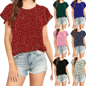 Top donna estivo casual girocollo plissettato camicia chiffon top con maniche loto - Foto 1 di 20