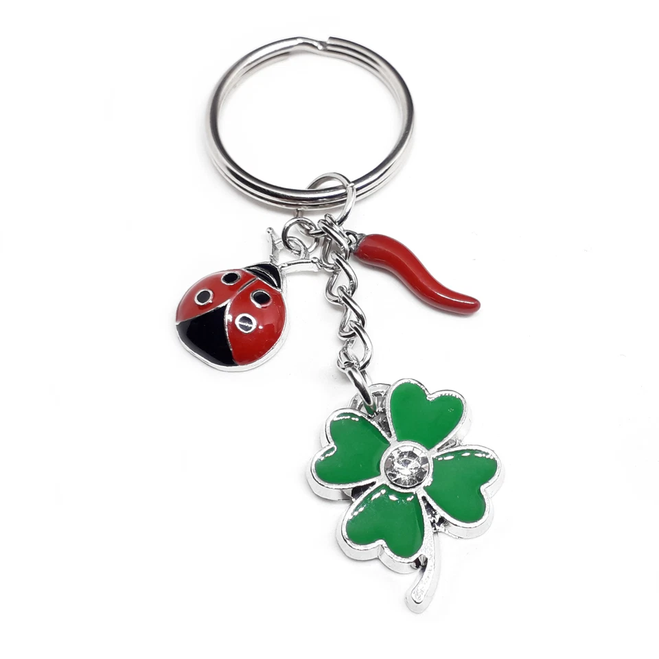 Portachiavi portafortuna corno cornetto rosso quadrifoglio verde coccinella Arg - Immagine 1 di 4