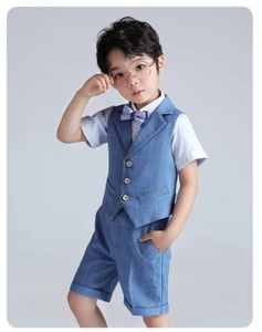 Kid Baby Boy Grid Vest Shirts Shorts Bow Tie straps Gentleman Formal Outfits Set - Picture 1 of 10
