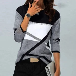 Women Casual Stitching Color T Shirt O Neck Long Sleeve Blouse Loose Tunic Tops - Picture 1 of 42