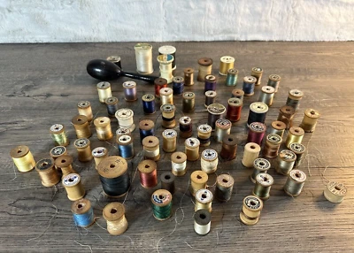 Vtg Lot 70 Silk Cotton Thread Button Belding Corticelli Clarks ETC Wood Spools - Image 1 of 4