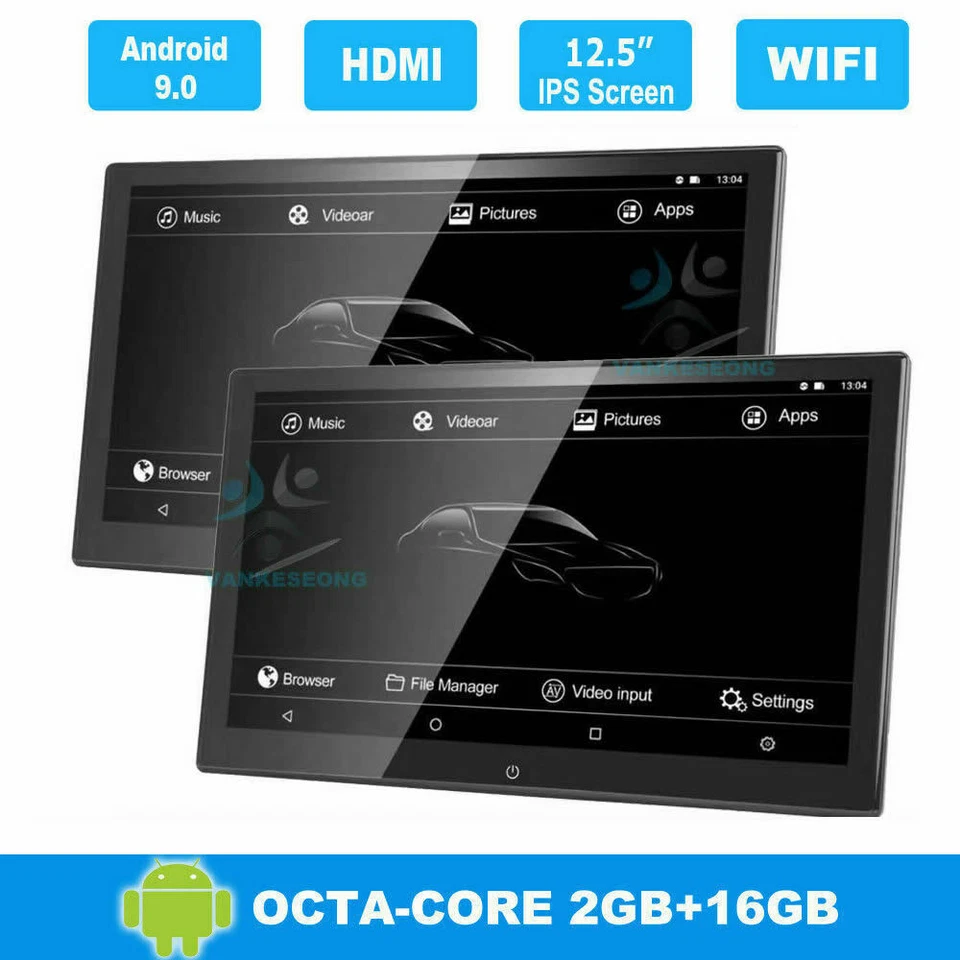 2X 12.5"Android 9.0 Car Headrest Monitor Touch Screen WIFI Bluetooth HDMI USB FM - Bild 1 von 4