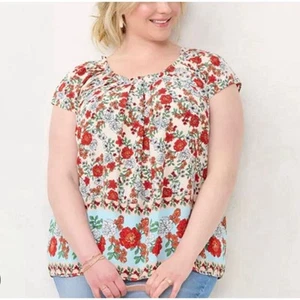 LC Lauren Conrad Vibrant Red Blue Flower Tie Back Bow Blouse Top XL - Picture 1 of 7