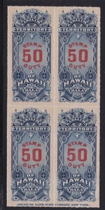 Estampilla de ingresos de Hawaii como nueva #R12 bloque de 4 - 3 NH 1 con bisagras - $460++cv con impresión - Imagen 1 de 2