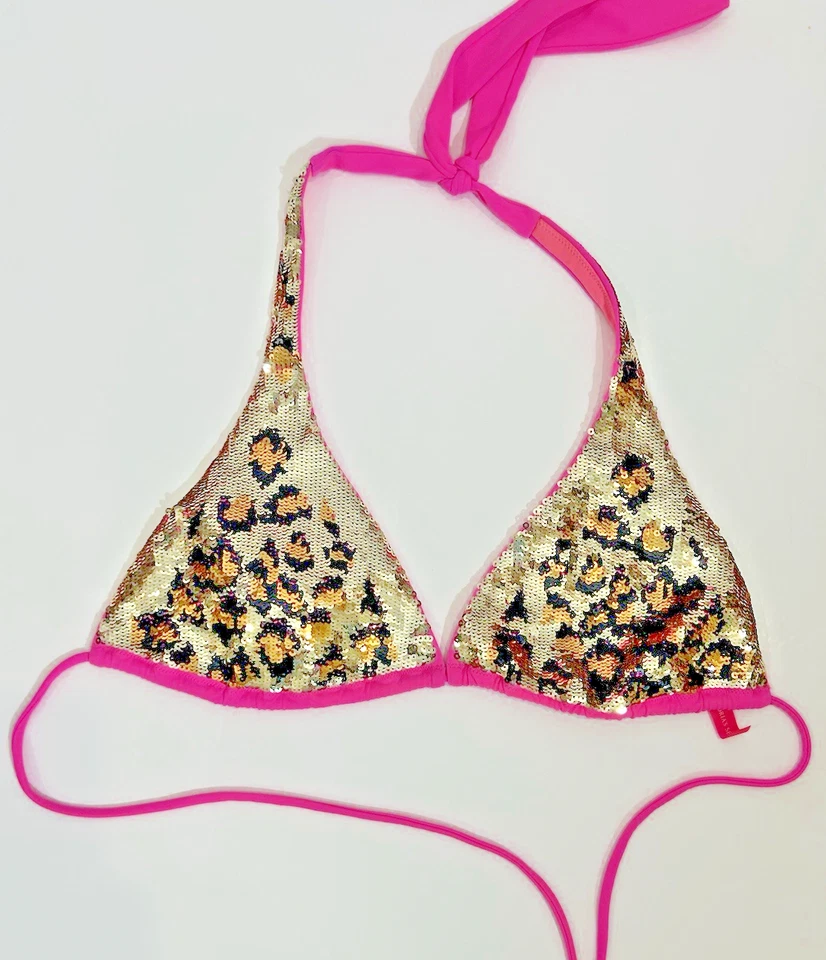 Vintage Y2K Victorias Secret Triangle Bikini Top Fuchsia Pink Sequin Leopard - L - Image 1 of 4