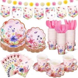 176 Pcs Tea Party Supplies Include Floral Paper Tea Cups and Saucers Disposab... - Picture 1 of 7