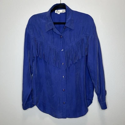Blusa Fiji feminina grande ocidental 100% seda franja cowboy rodeio azul royal - Imagem 1 de 4