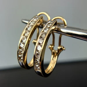 14k Yellow Gold Channel-Set Diamond Hoop Huggie Omega Earrings - Picture 1 of 7