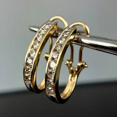 14k Yellow Gold Channel-Set Diamond Hoop Huggie Omega Earrings - Image 1 of 4