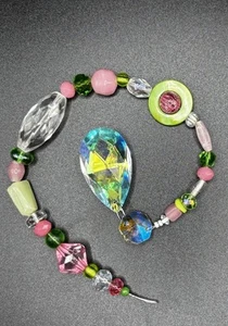 Handmade Beaded Sun Catcher Multicolored Green Pink Crystal Prism Pendant 12” - Picture 1 of 5