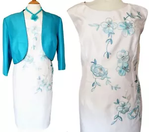 Jacques Vert Ivory Turquoise Embroided Beaded Dress UK 20 & Turquoise Bolero 22 - Picture 1 of 22