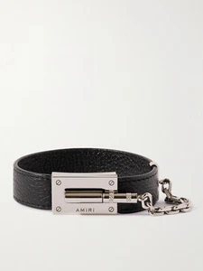 Amiri Pebbled Leather Silver Jax Bracelet Sz L NEW Black - Picture 1 of 6