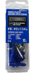 20PK Everbilt #10-#12 x 1-1/4 in. Ribbed Plastic Drywall Anchors with Screws - Picture 1 of 3