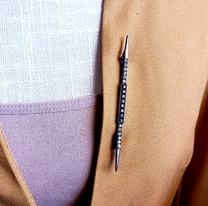 R&F Vintage Sterling Silver Thin Art Deco Onyx Bar Pin Brooch Pendant Rhinestone - Picture 1 of 10